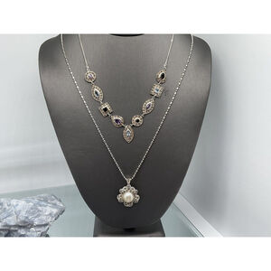 2 Sterling Silver 925 20” & 30” Chains Marcasite & Different Gems Pearl Necklace